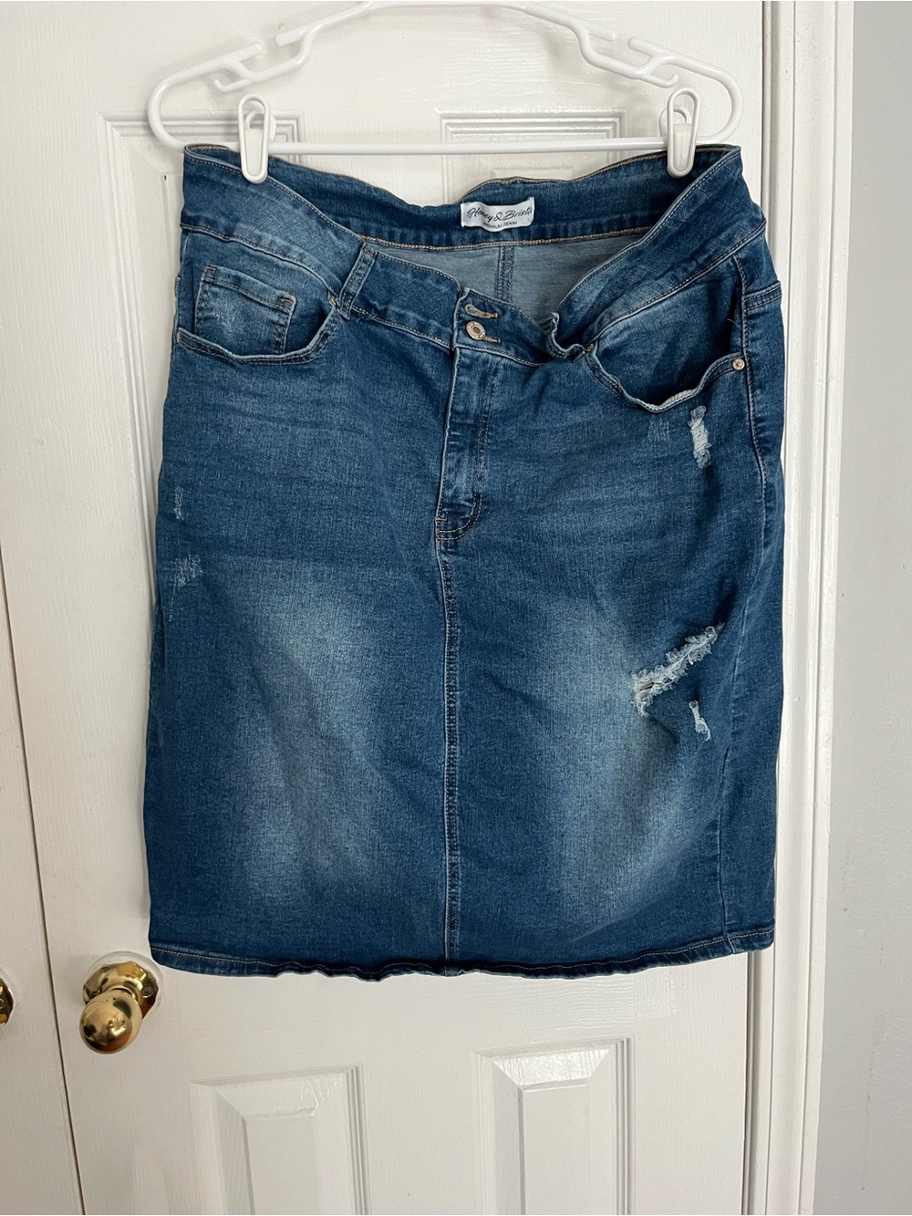 Denim Distressed Pencil Skirt - Blue